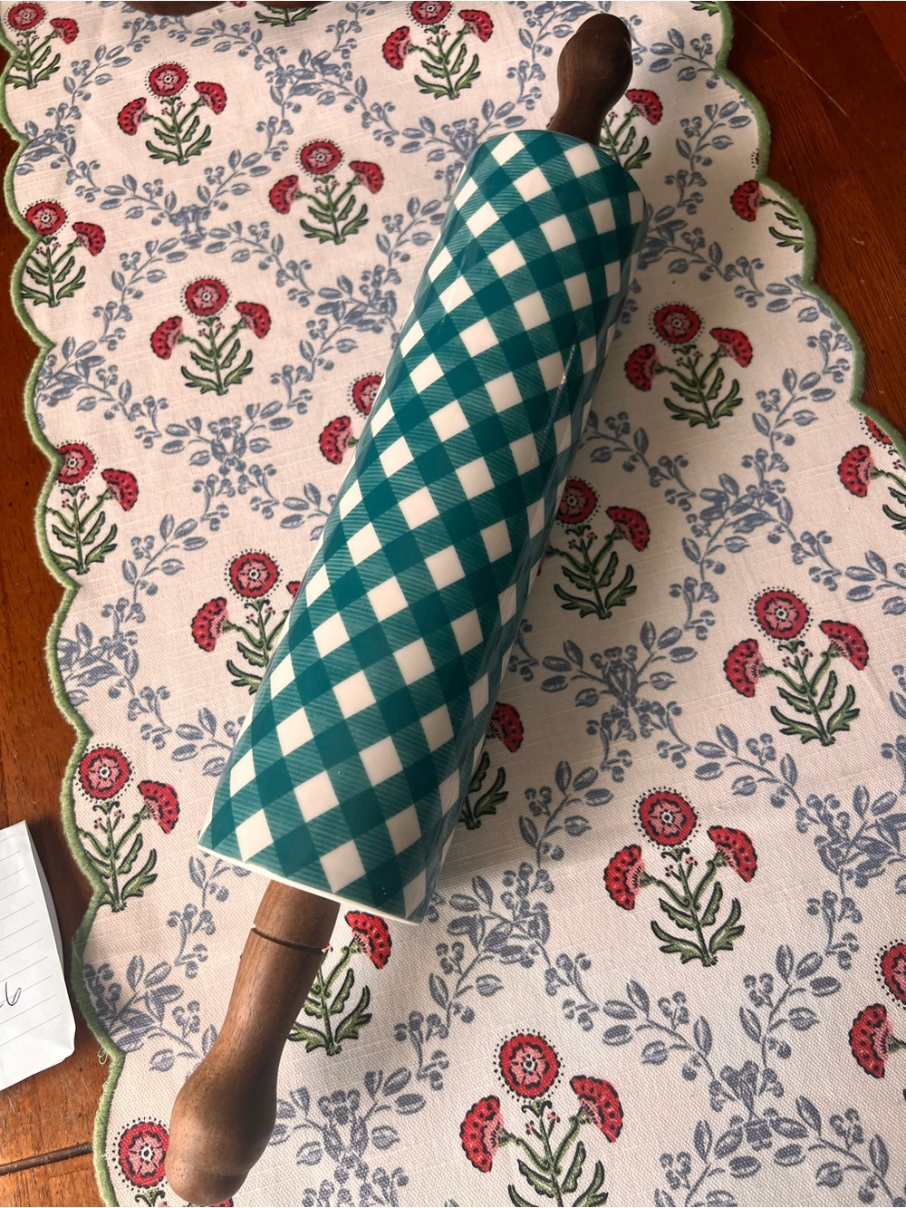 Pioneer Woman Teal Gingham Rolling Pin with Wooden Handles